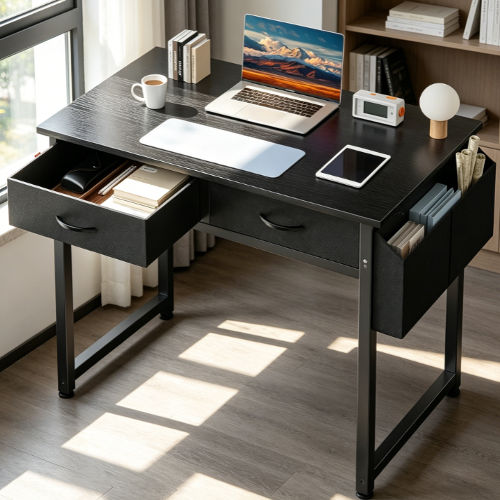 32-Inch Black Kids Desk with Drawer, Side Storage Bag and Headphone Hook